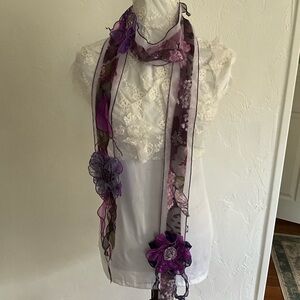 Handmade Artisan Floral Organza Scarf with 3D Rosettes 3x84 new